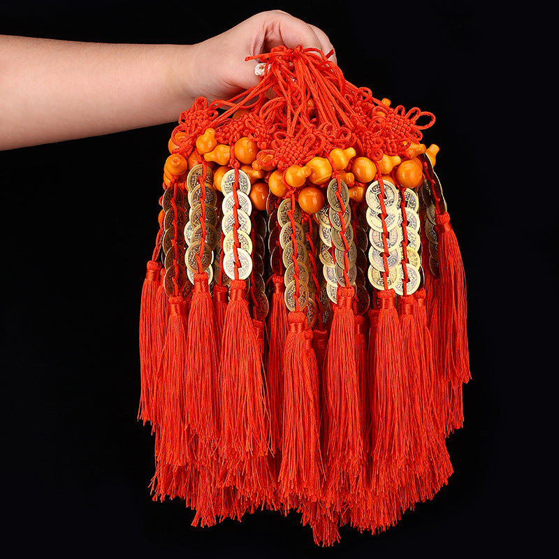 Factory Wholesale Pure Copper Five Emperors Coins Peach Wood Gourd Hanging Ornament, Handmade Chinese Knot Copper Coin Pendant, Car Charm & Tourist Souvenir