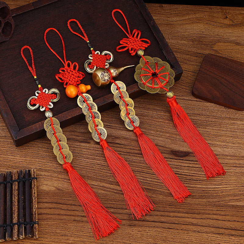 Factory Wholesale Pure Copper Five Emperors Coins Peach Wood Gourd Hanging Ornament, Handmade Chinese Knot Copper Coin Pendant, Car Charm & Tourist Souvenir